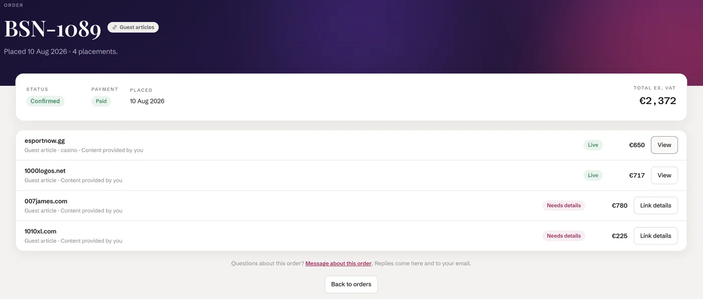 A B’seen order: status, payment, total and each placement with live links